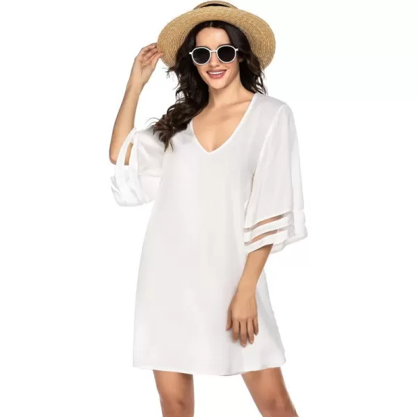 Ekouaer Womens Swimsuit Cover Up 34 Bell Sleeve Beachwear Coverups Deep VNeck Bikini Beach Dress S3XLBwhite