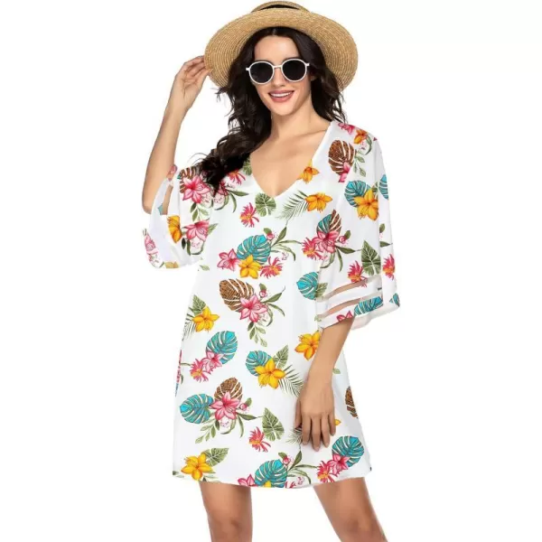 Ekouaer Womens Swimsuit Cover Up 34 Bell Sleeve Beachwear Coverups Deep VNeck Bikini Beach Dress S3XLColorful Flower