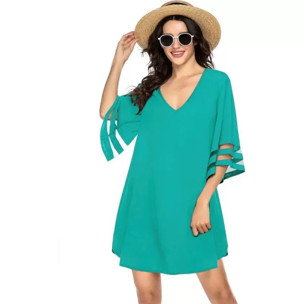 Ekouaer Womens Swimsuit Cover Up 34 Bell Sleeve Beachwear Coverups Deep VNeck Bikini Beach Dress S3XLGreen