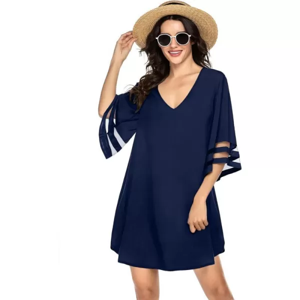 Ekouaer Womens Swimsuit Cover Up 34 Bell Sleeve Beachwear Coverups Deep VNeck Bikini Beach Dress S3XLNavy Blue