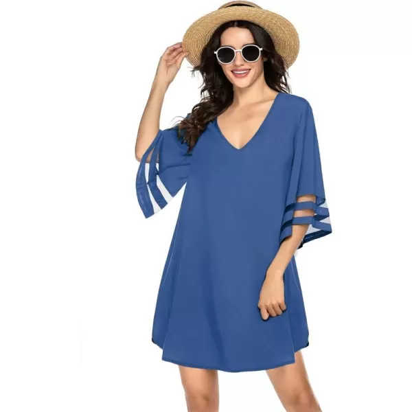 Ekouaer Womens Swimsuit Cover Up 34 Bell Sleeve Beachwear Coverups Deep VNeck Bikini Beach Dress S3XLSapphire