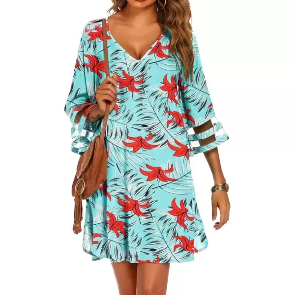 Ekouaer Womens Swimsuit Cover Up 34 Bell Sleeve Beachwear Coverups Deep VNeck Bikini Beach Dress S3XLTropical Red Flower