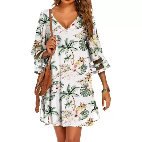 Ekouaer Womens Swimsuit Cover Up 34 Bell Sleeve Beachwear Coverups Deep VNeck Bikini Beach Dress S3XLWhite Coconut Tree