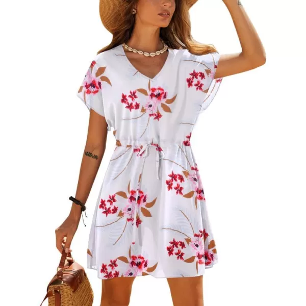 Ekouaer Womens SwimsuitnbspCoverup Short Sleeve Beach Cover Up Dress V Neck Bikini BeachwearWhite Floral 2