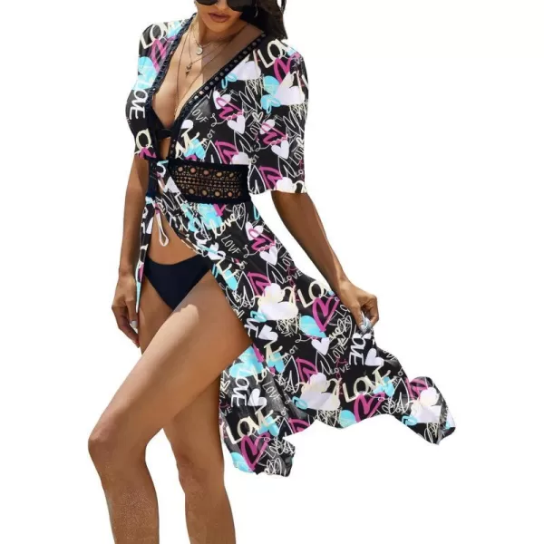 Ekouaer Womens Swimwear Cover Ups Sexy Open Front Beach Bikini Swimsuit Kimono Cardigan Cover Up Long Flowy BeachwearP Love Print