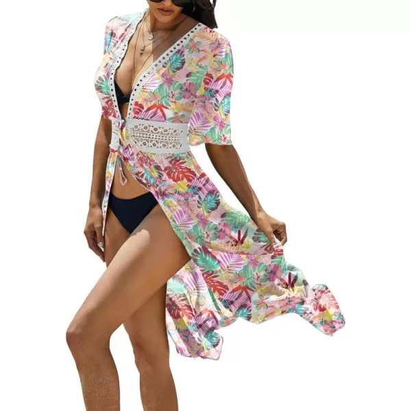 Ekouaer Womens Swimwear Cover Ups Sexy Open Front Beach Bikini Swimsuit Kimono Cardigan Cover Up Long Flowy BeachwearP Tropical Print