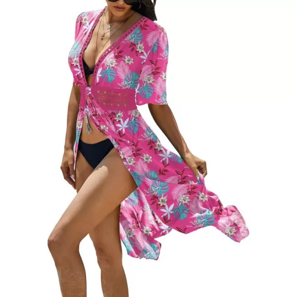 Ekouaer Womens Swimwear Cover Ups Sexy Open Front Beach Bikini Swimsuit Kimono Cardigan Cover Up Long Flowy BeachwearPink Print