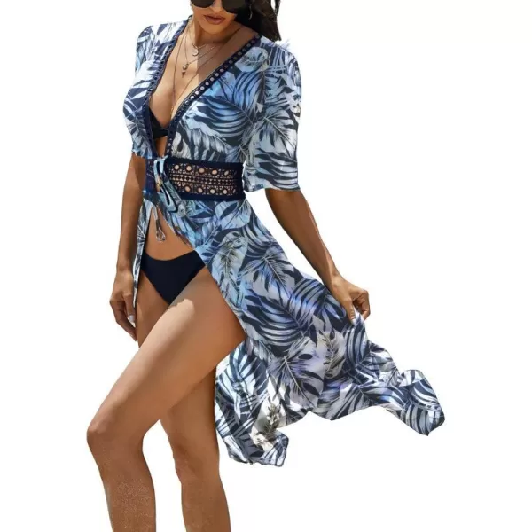 Ekouaer Womens Swimwear Cover Ups Sexy Open Front Beach Bikini Swimsuit Kimono Cardigan Cover Up Long Flowy BeachwearPrint Breen Leaf