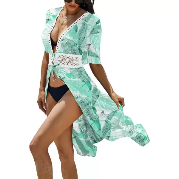 Ekouaer Womens Swimwear Cover Ups Sexy Open Front Beach Bikini Swimsuit Kimono Cardigan Cover Up Long Flowy BeachwearPrint Green Leaf