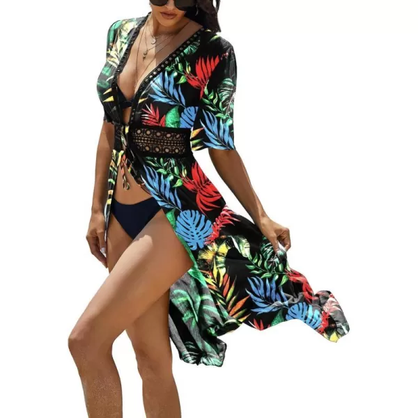 Ekouaer Womens Swimwear Cover Ups Sexy Open Front Beach Bikini Swimsuit Kimono Cardigan Cover Up Long Flowy BeachwearPrint Multicolor Leaf