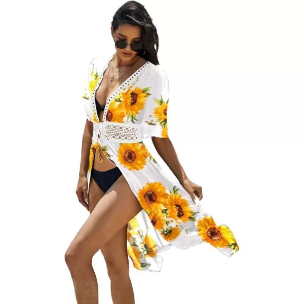 Ekouaer Womens Swimwear Cover Ups Sexy Open Front Beach Bikini Swimsuit Kimono Cardigan Cover Up Long Flowy BeachwearPrint Sunflower