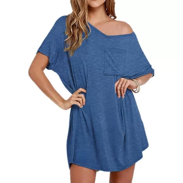 Ekouaer Womens Tshirt Nightgown Cotton V Neck Sleepshirts Comfy Casual Nightshirt for WomenPeacock Blue