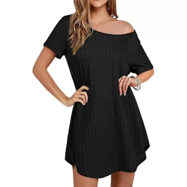 Ekouaer Womens Tshirt Nightgown Rib Knit Sleep Shirt Short Sleeve Casual Nightshirt Pajama DressBlack