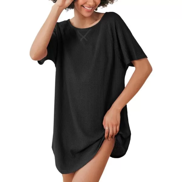 Ekouaer Womens Tshirt Nightgown Waffle Knit Short Sleeve Sleepshirts Comfy Casual Cover UpsBlack