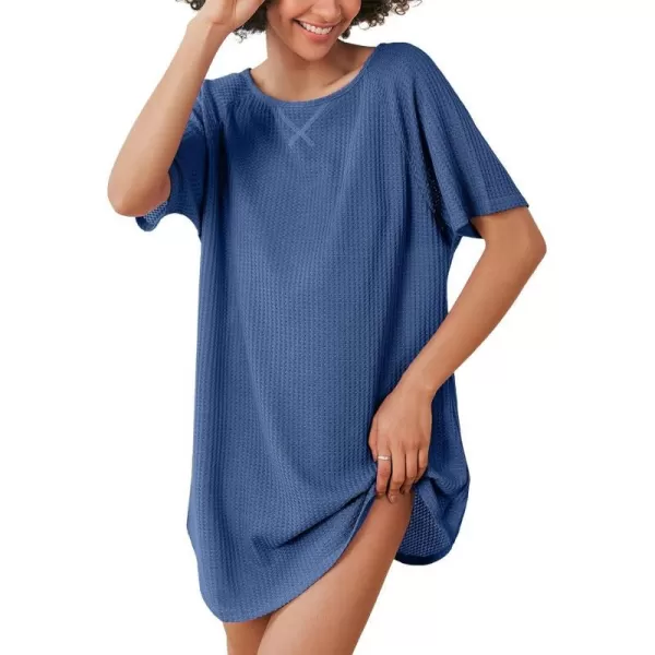 Ekouaer Womens Tshirt Nightgown Waffle Knit Short Sleeve Sleepshirts Comfy Casual Cover UpsDark Blue