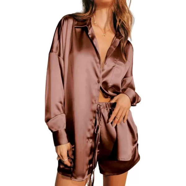 Ekouaer Womens Two Piece Satin Pajama Set Long Sleeve Lounge Sets Button Down Shirts and Shorts PJs Soft Sleepwear SetBrown