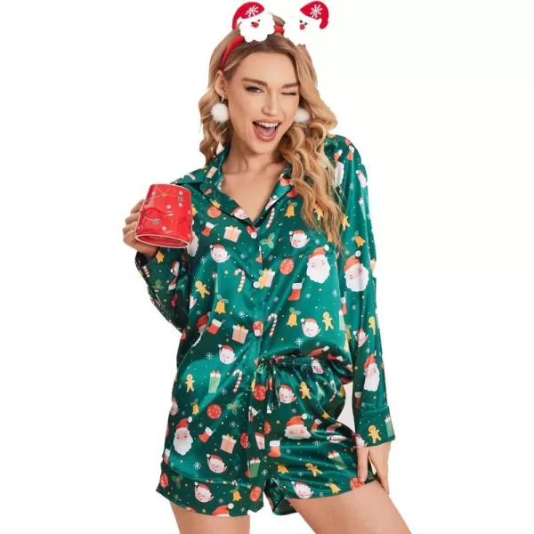 Ekouaer Womens Two Piece Satin Pajama Set Long Sleeve Lounge Sets Button Down Shirts and Shorts PJs Soft Sleepwear SetChristmasgreen Snowman