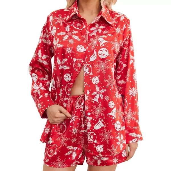 Ekouaer Womens Two Piece Satin Pajama Set Long Sleeve Lounge Sets Button Down Shirts and Shorts PJs Soft Sleepwear SetChristmasred Bell