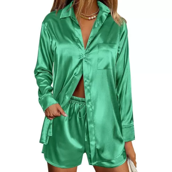 Ekouaer Womens Two Piece Satin Pajama Set Long Sleeve Lounge Sets Button Down Shirts and Shorts PJs Soft Sleepwear SetGreen