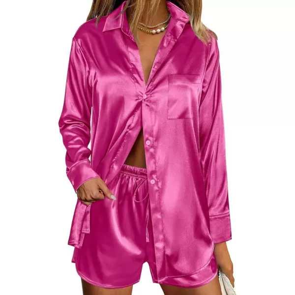 Ekouaer Womens Two Piece Satin Pajama Set Long Sleeve Lounge Sets Button Down Shirts and Shorts PJs Soft Sleepwear SetHot Pink