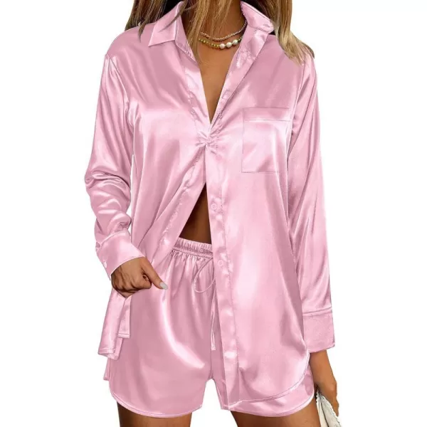 Ekouaer Womens Two Piece Satin Pajama Set Long Sleeve Lounge Sets Button Down Shirts and Shorts PJs Soft Sleepwear SetLight Pink