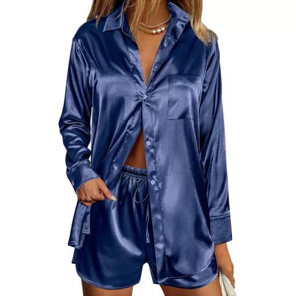 Ekouaer Womens Two Piece Satin Pajama Set Long Sleeve Lounge Sets Button Down Shirts and Shorts PJs Soft Sleepwear SetNavy Blue