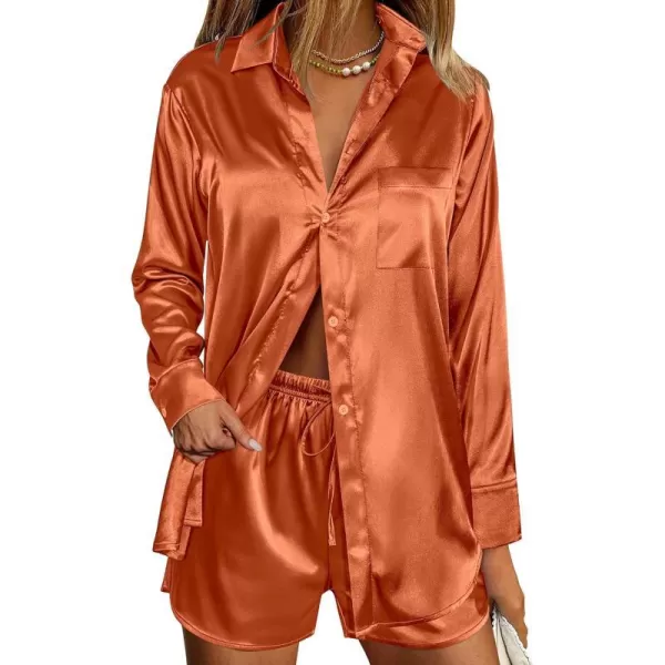 Ekouaer Womens Two Piece Satin Pajama Set Long Sleeve Lounge Sets Button Down Shirts and Shorts PJs Soft Sleepwear SetOrange