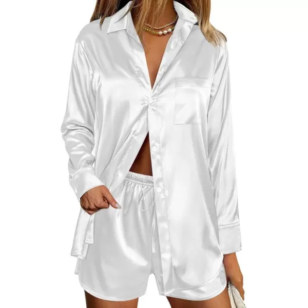 Ekouaer Womens Two Piece Satin Pajama Set Long Sleeve Lounge Sets Button Down Shirts and Shorts PJs Soft Sleepwear SetWhite