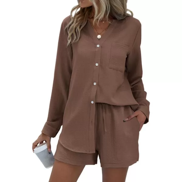 Ekouaer Womens V Neck Lounge Sets Button Down Shirt and Shorts 2 Piece Outfits Loungewear Pajama with PocketsBrown