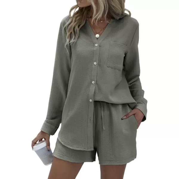 Ekouaer Womens V Neck Lounge Sets Button Down Shirt and Shorts 2 Piece Outfits Loungewear Pajama with PocketsDark Army Green