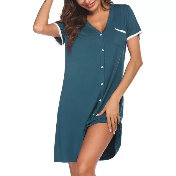 Ekouaer Womens VNeck Button Down Nightgown NightshirtShort Sleeveblue Green