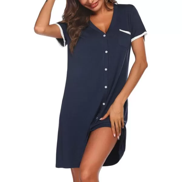 Ekouaer Womens VNeck Button Down Nightgown NightshirtShort Sleevenavy Blue