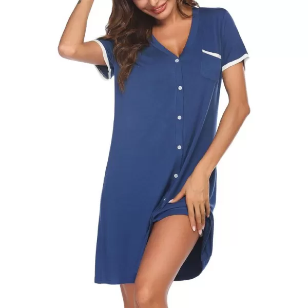 Ekouaer Womens VNeck Button Down Nightgown NightshirtShort Sleevenew Navy