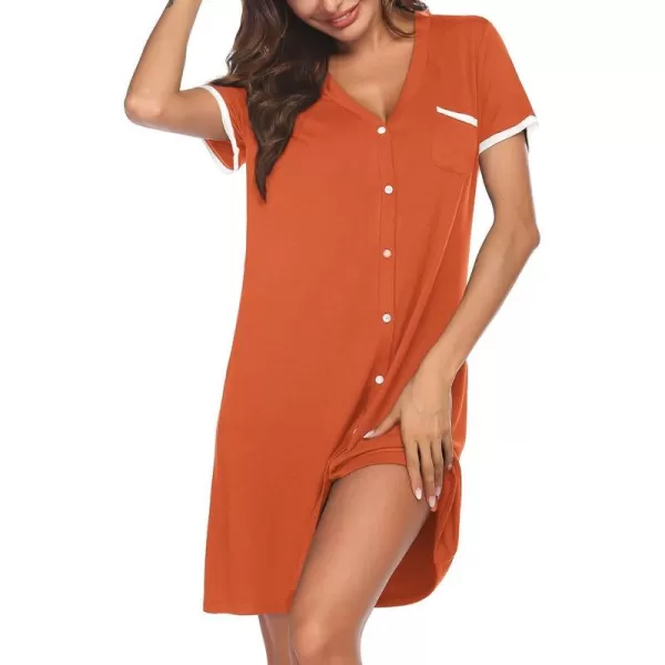 Ekouaer Womens VNeck Button Down Nightgown NightshirtShort Sleeveorange