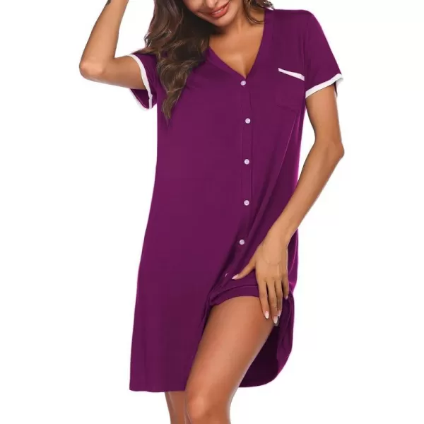 Ekouaer Womens VNeck Button Down Nightgown NightshirtShort Sleevepurple