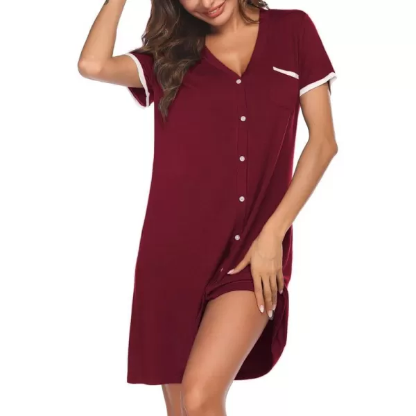 Ekouaer Womens VNeck Button Down Nightgown NightshirtShort Sleevewine Red