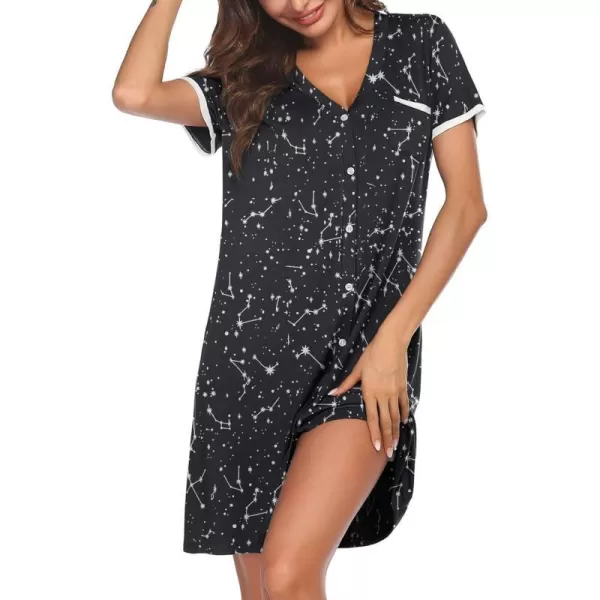 Ekouaer Womens VNeck Button Down Nightgown NightshirtShort Sleevezblackstars