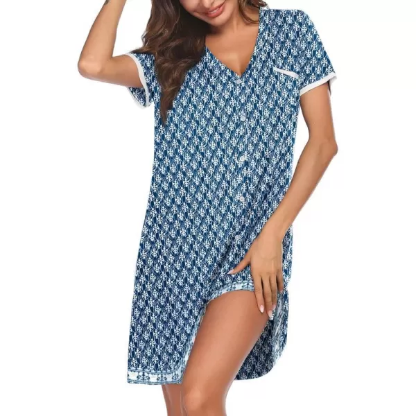 Ekouaer Womens VNeck Button Down Nightgown NightshirtShort Sleevezethnic Print