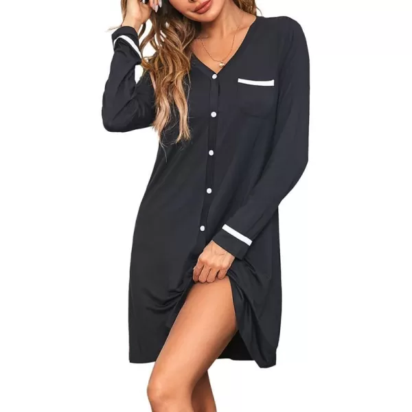 Ekouaer Womens VNeck Button Down Nightgown NightshirtZlong Sleeveblack