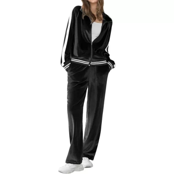 Ekouaer Womens Velour Tracksuits 2 Piece Outfits Set Long Sleeve Sweatsuits Zip Up Jogging Set with PocketsBlack