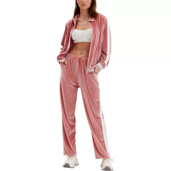 Ekouaer Womens Velour Tracksuits 2 Piece Outfits Set Long Sleeve Sweatsuits Zip Up Jogging Set with PocketsPink