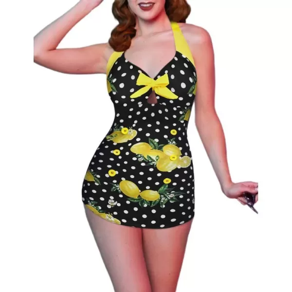 Ekouaer Womens Vintage Striped One Piece Swimsuit Monokini Boyleg Bathing Suit SwimwearLemon Polka Dot