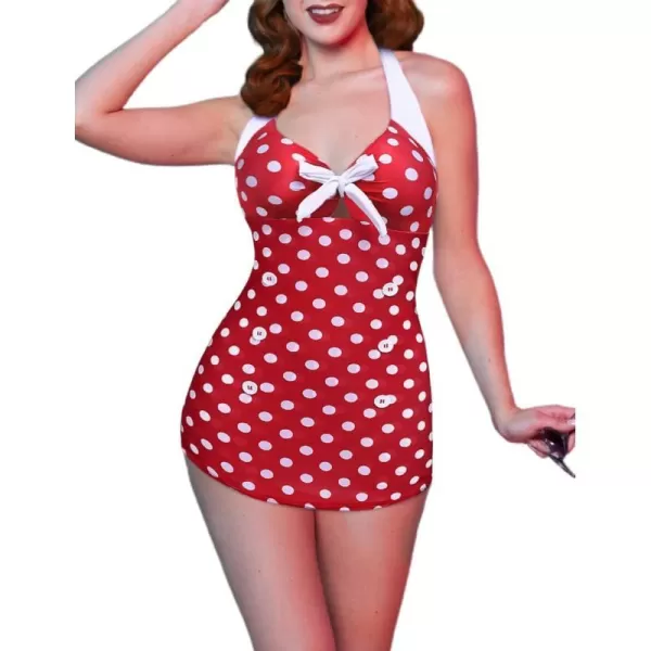 Ekouaer Womens Vintage Striped One Piece Swimsuit Monokini Boyleg Bathing Suit SwimwearNew Red Polka Dot