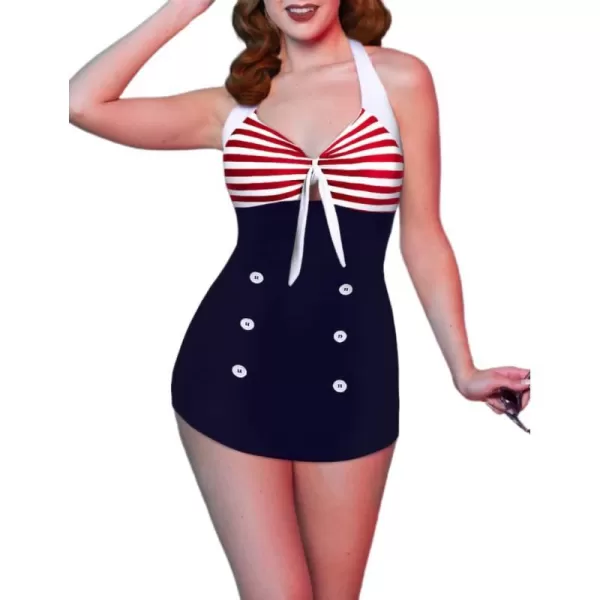 Ekouaer Womens Vintage Striped One Piece Swimsuit Monokini Boyleg Bathing Suit SwimwearRed