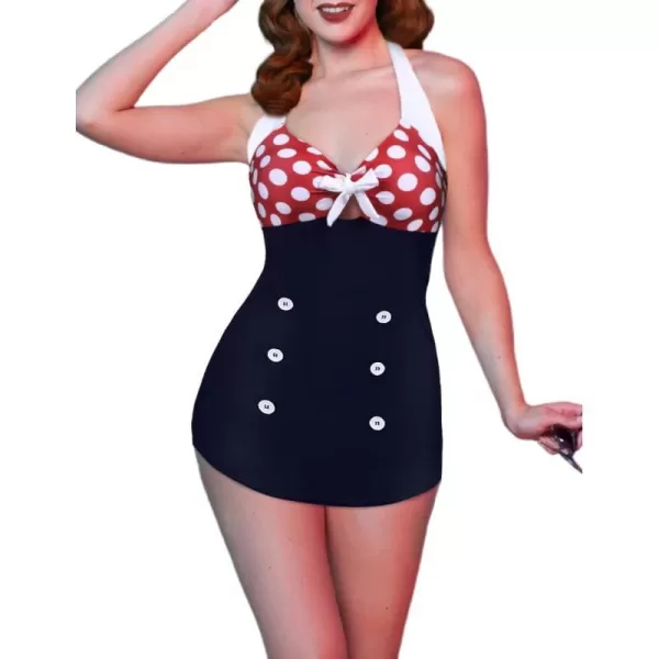 Ekouaer Womens Vintage Striped One Piece Swimsuit Monokini Boyleg Bathing Suit SwimwearRed Polka Dot