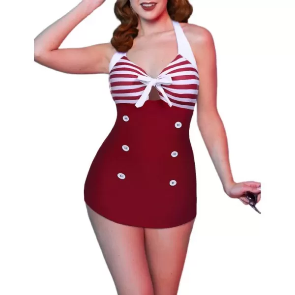 Ekouaer Womens Vintage Striped One Piece Swimsuit Monokini Boyleg Bathing Suit SwimwearWine Red Stripes