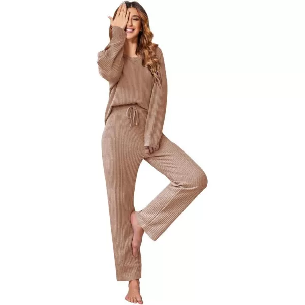 Ekouaer Womens Waffle Knit Pajama Sets Long Sleeve Top and Wide Leg Pants Matching Lounge Sets with Pockets Fall Fashion 2023Khaki