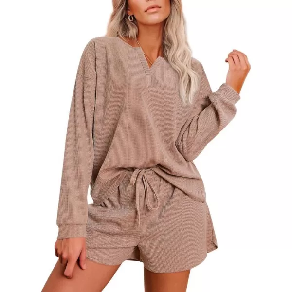 Ekouaer Womens Waffle Knit Pajamas Lounge Set Long Sleeve Top and Shorts 2 Piece Loungewear with PocketsBeige