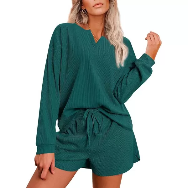 Ekouaer Womens Waffle Knit Pajamas Lounge Set Long Sleeve Top and Shorts 2 Piece Loungewear with PocketsBlue Green