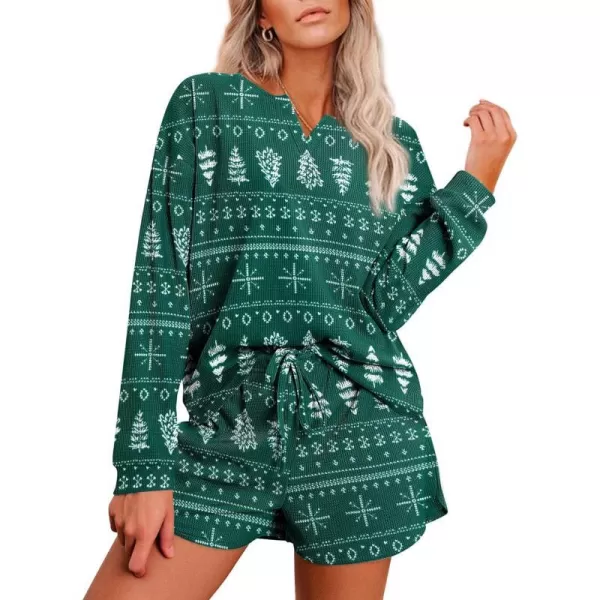 Ekouaer Womens Waffle Knit Pajamas Lounge Set Long Sleeve Top and Shorts 2 Piece Loungewear with PocketsChristmas Green